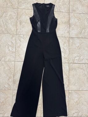 Express Black Sleeveless Faux-Leather Panel Wide-Leg Jumpsuit